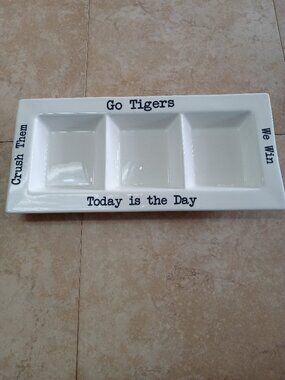 7"X15" 3 tier White "Go Tigers" dip platter-omg322